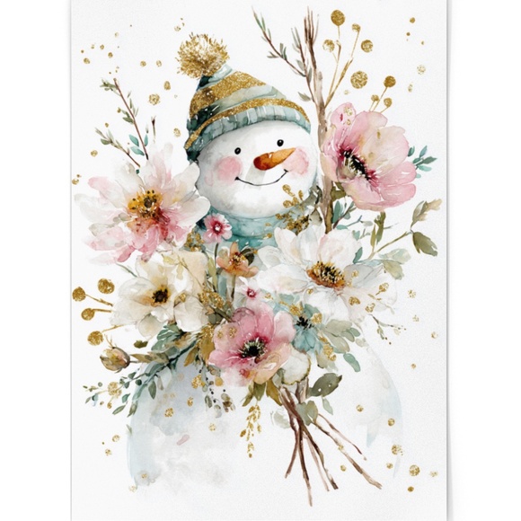 Watercolor Snowman Adorned with Flowers Portrait Wall Art Print Poster, Unframed - Picture 2 of 6